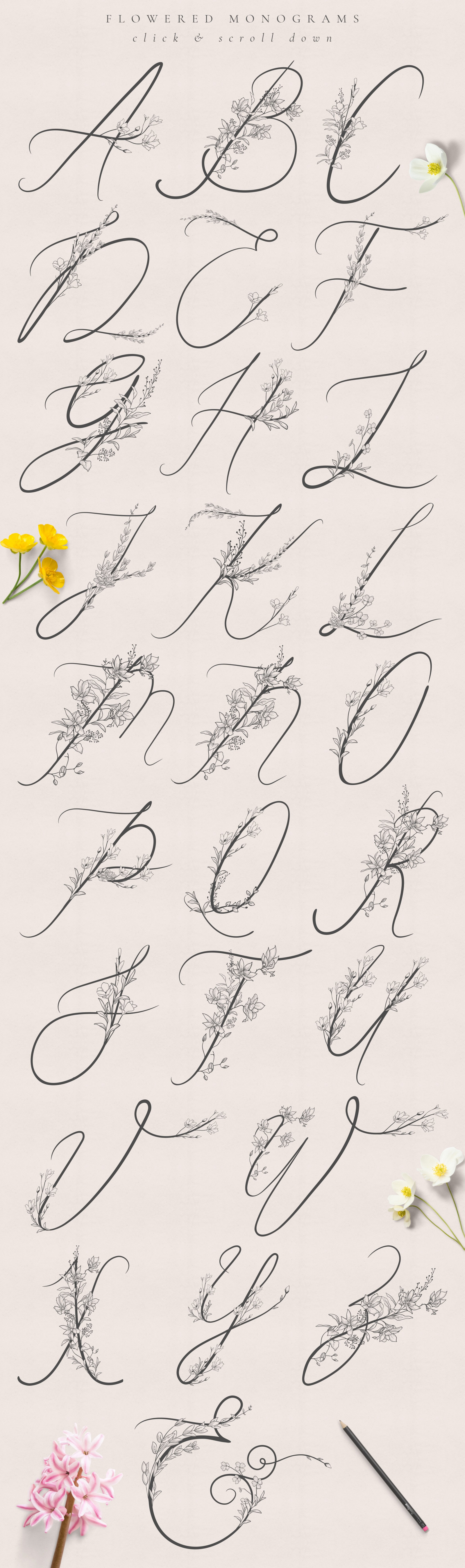 Flowered Monograms, Logo and Design Elements + Bonus Individual Florals that decorate letters. Flowered Monograms, Logo and Design Elements + Bonus Individual Florals that decorate letters.