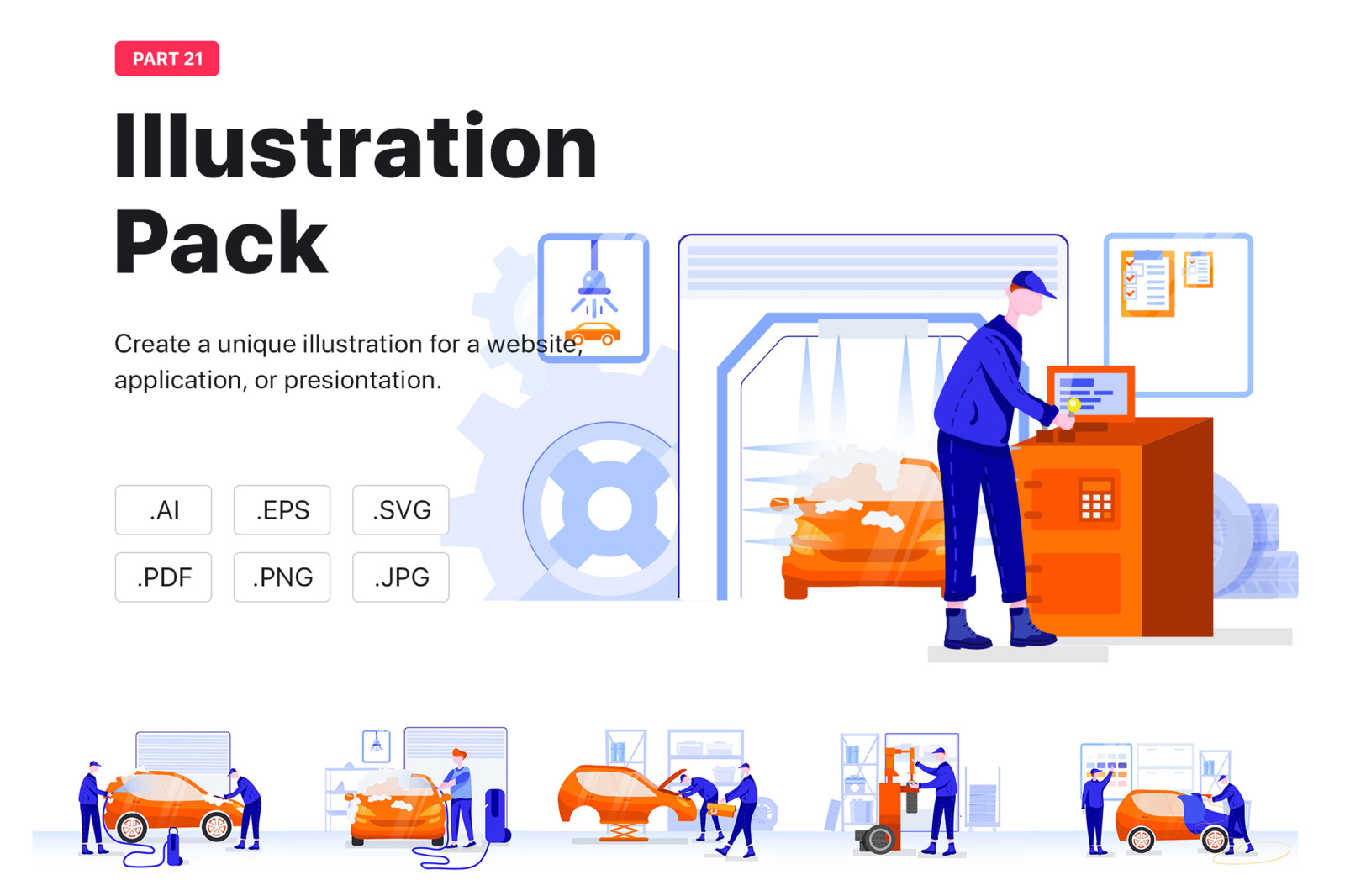 Car Wash &amp; Repair Vector Scenes