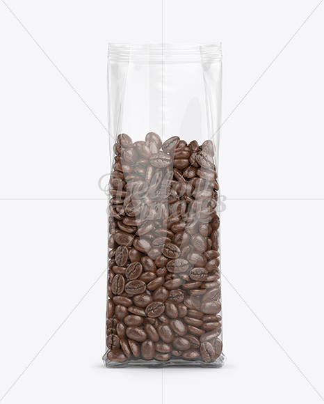 Clear Bag With Coffee Beans Mockup - Front View