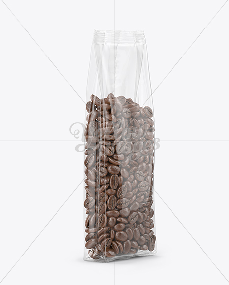 Clear Bag With Coffee Beans Mockup - Halfside View