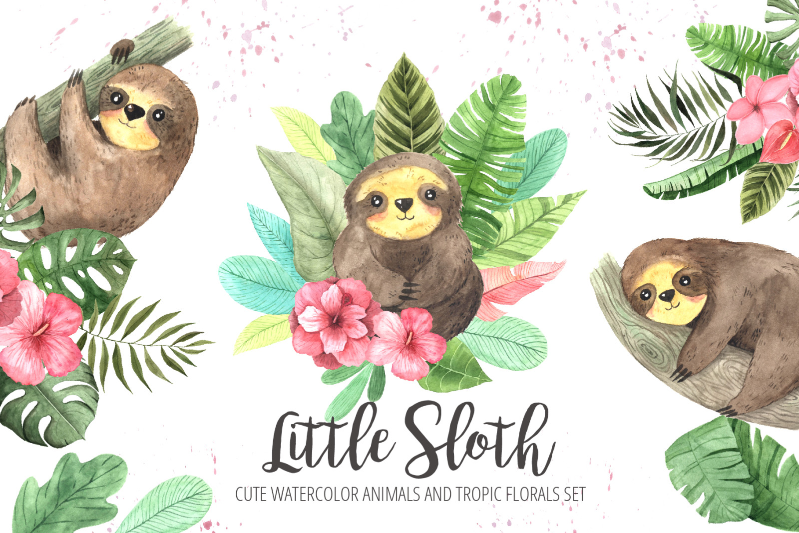 Watercolor Sloth and Tropic Florals