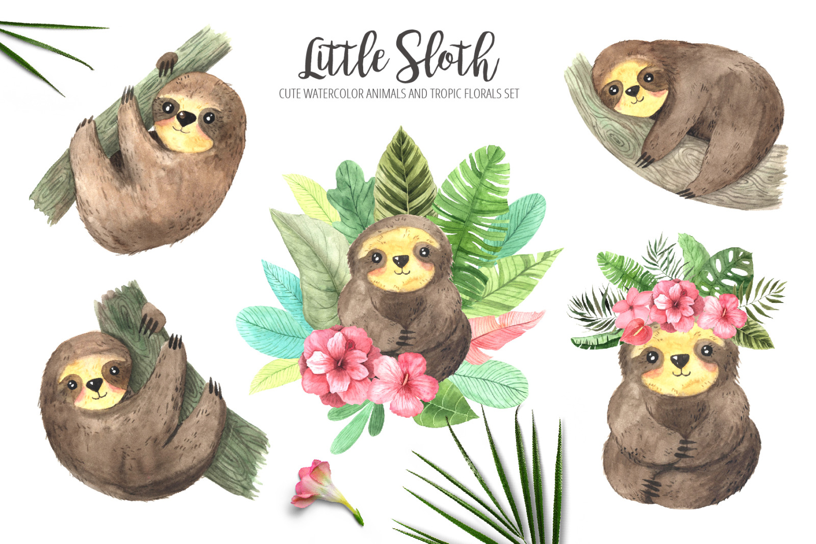 Watercolor Sloth and Tropic Florals Watercolor Sloth and Tropic Florals