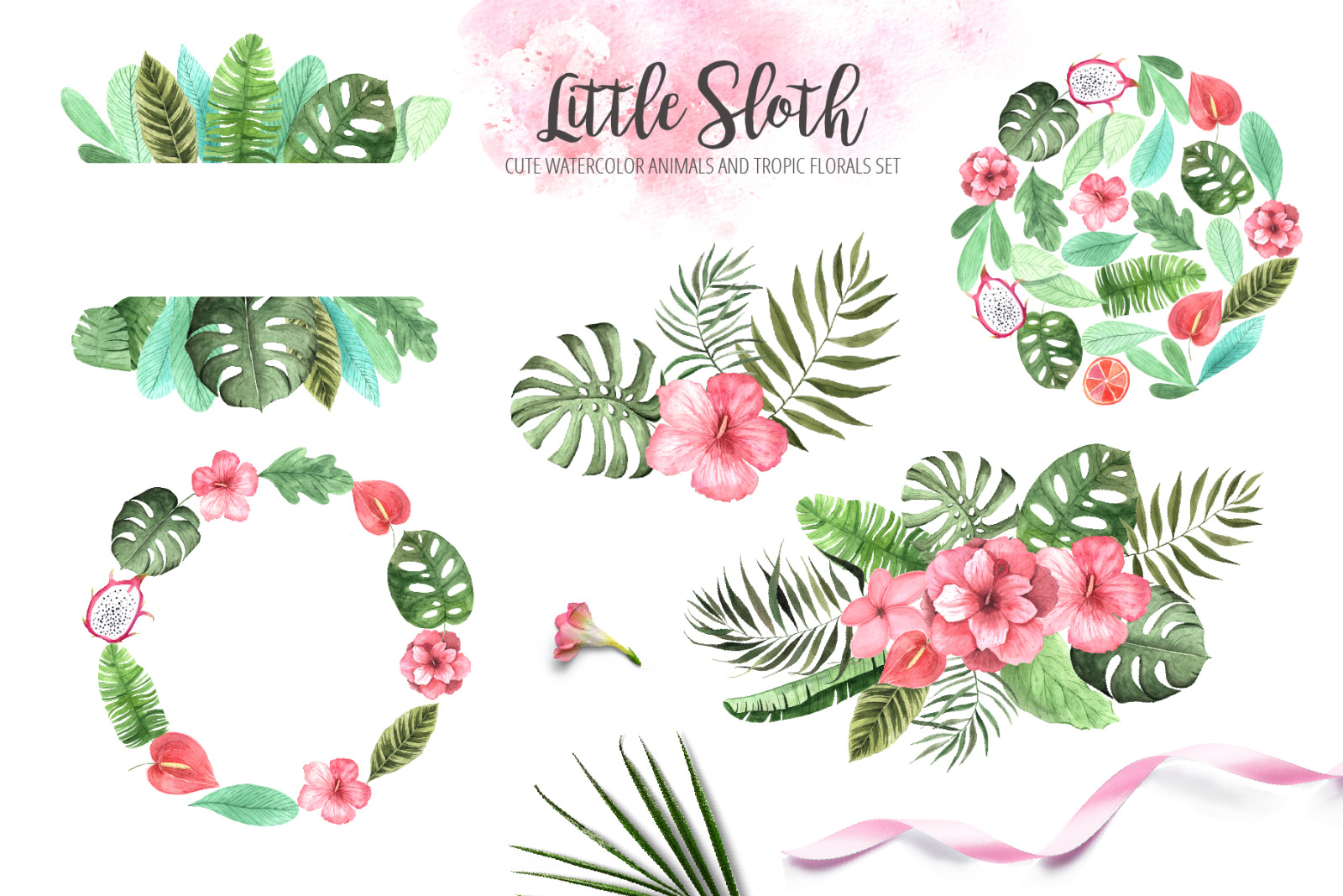 Watercolor Sloth and Tropic Florals