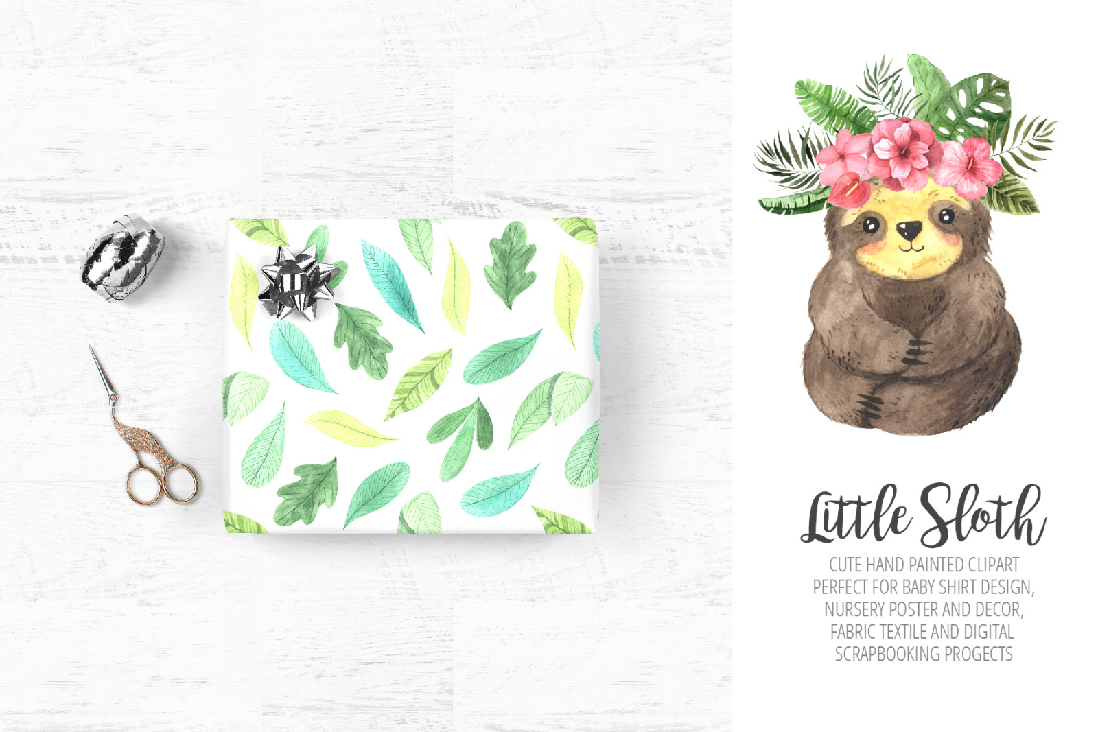 Watercolor Sloth and Tropic Florals Watercolor Sloth and Tropic Florals