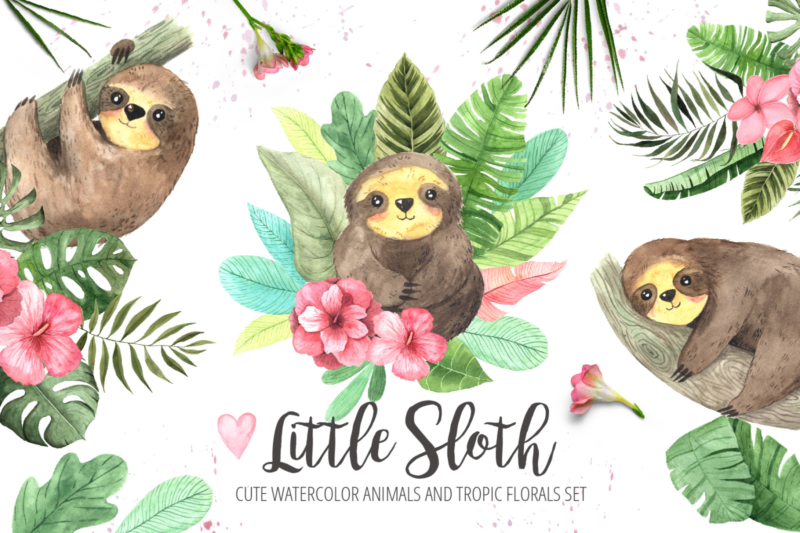 Watercolor Sloth and Tropic Florals