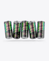 Five Metallic Cans W/ Glossy Finish Mockup Five Metallic Cans W/ Glossy Finish Mockup