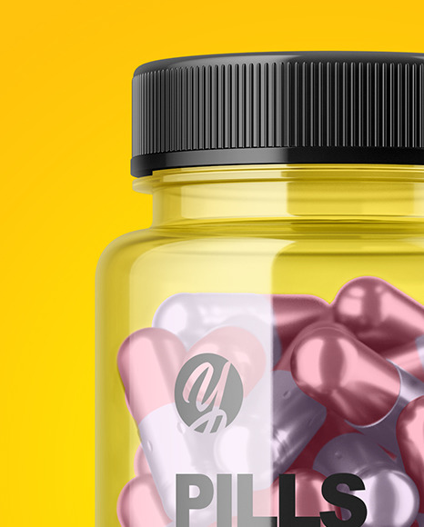 Clear Bottle with Metallized Pills Mockup