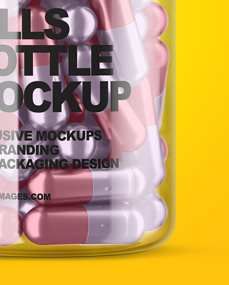 Clear Bottle with Metallized Pills Mockup