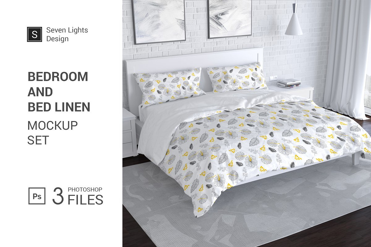 Bedroom and Bed Linen Mockup Set Bedroom and Bed Linen Mockup Set