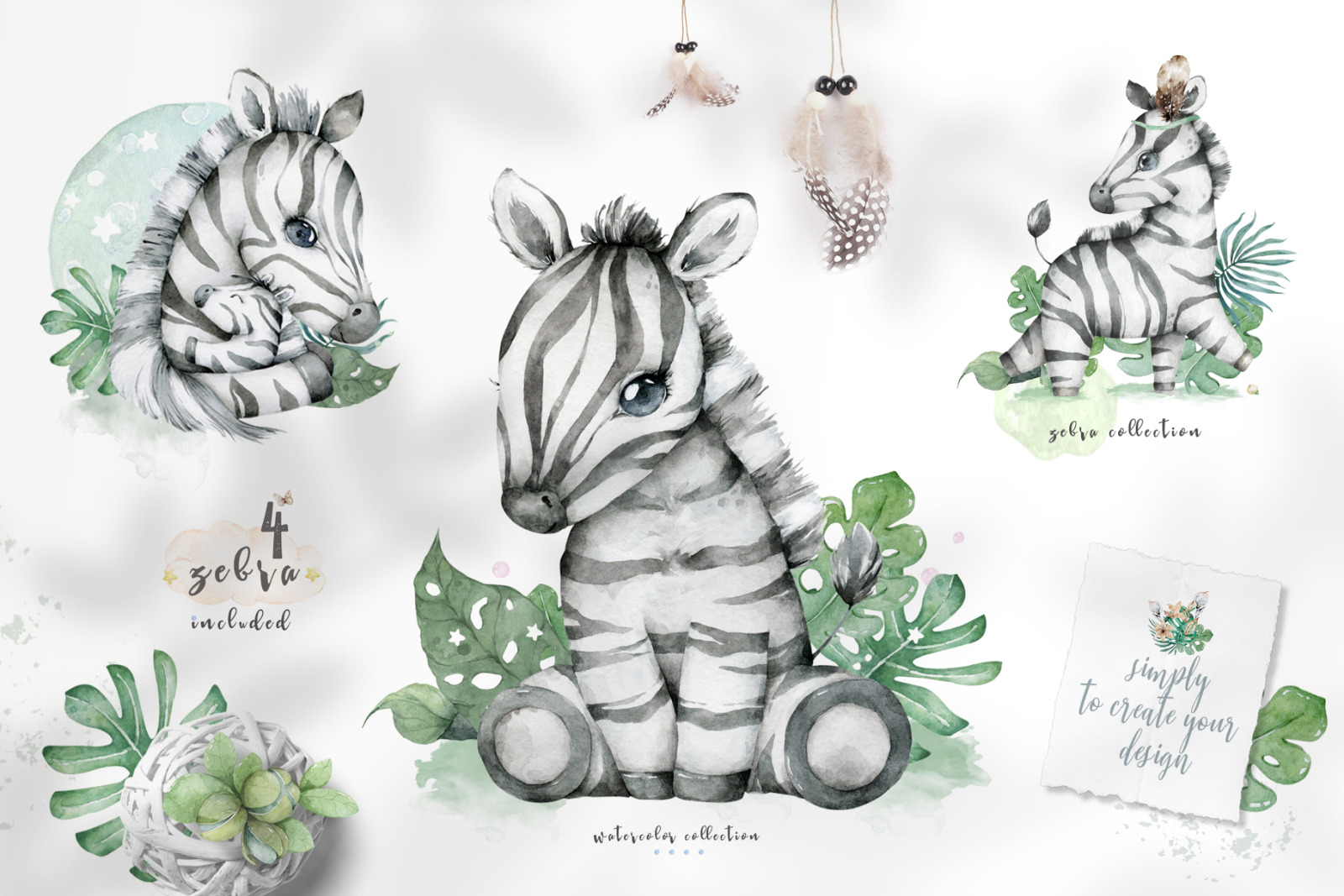 Cute Zebras Watercolor Jungle