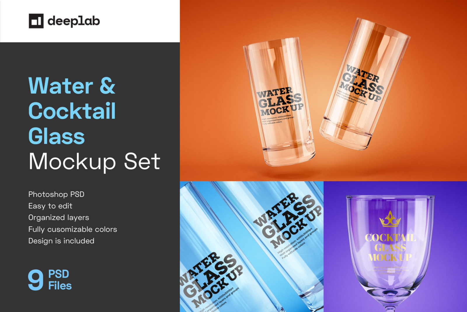 Water and Cocktail Glass Mockup Set Water and Cocktail Glass Mockup Set