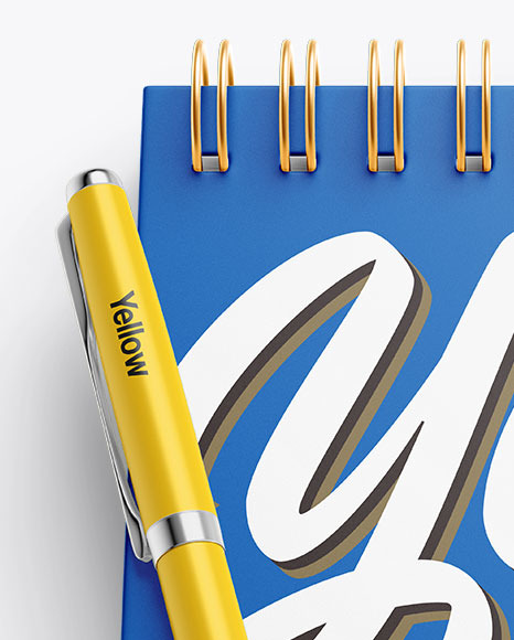 Glossy Notebook Mockup With Pen