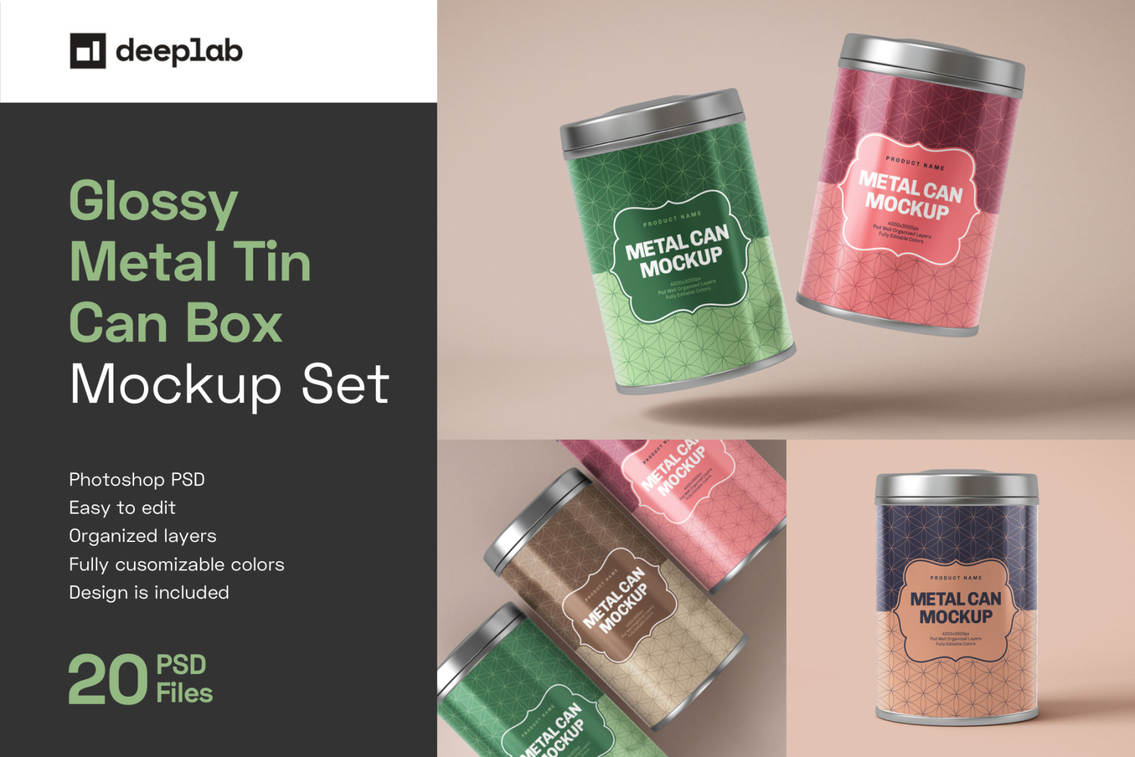 Glossy Round Tin Can Box Mockup Set