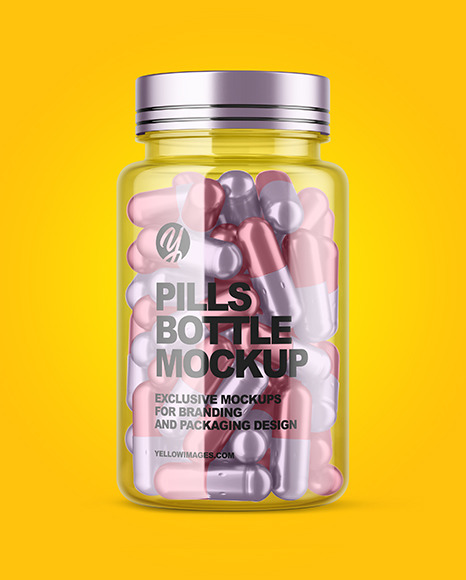 Clear Bottle with Metallized Pills Mockup