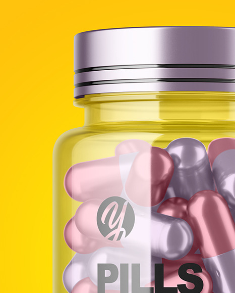 Clear Bottle with Metallized Pills Mockup