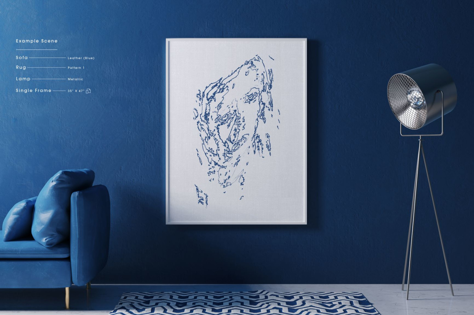 Classic Blue Interior Mockup - Customizable Frames &amp; Furniture