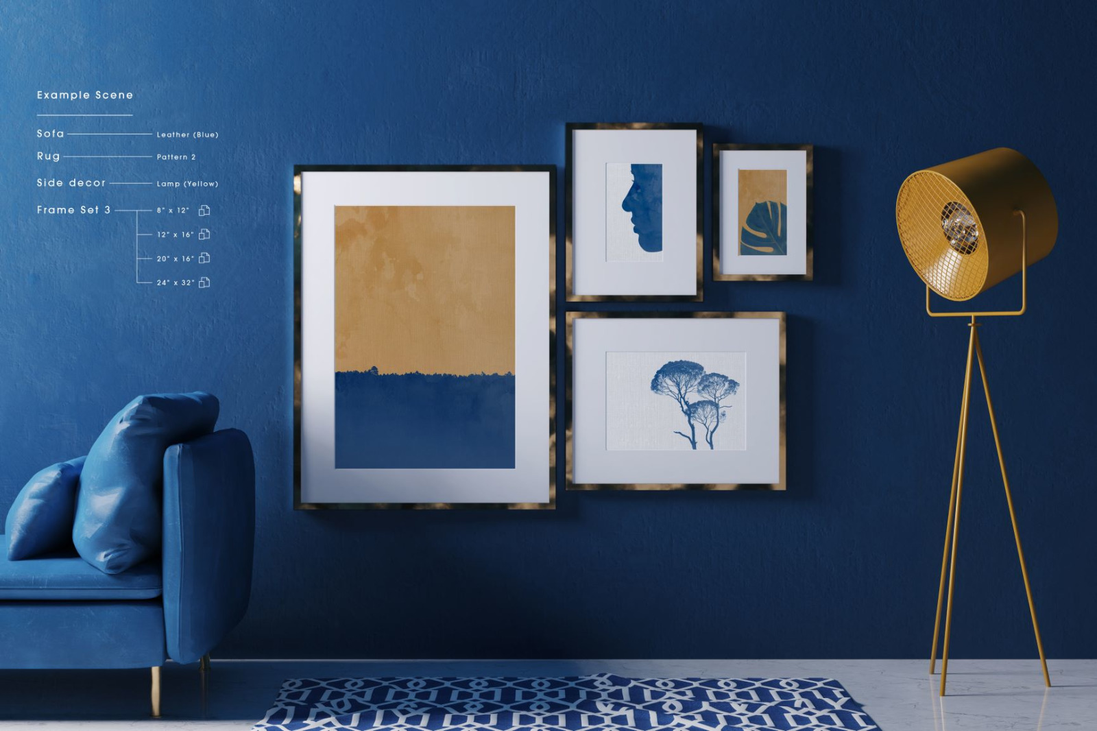 Classic Blue Interior Mockup - Customizable Frames &amp; Furniture