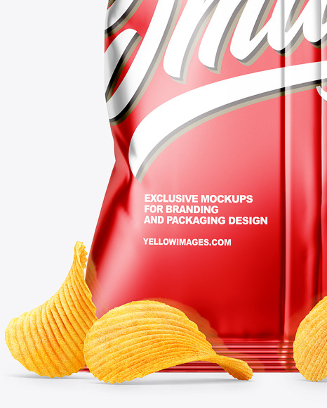 Metallic Snack Package with Riffled Potato Chips Mockup - Back View