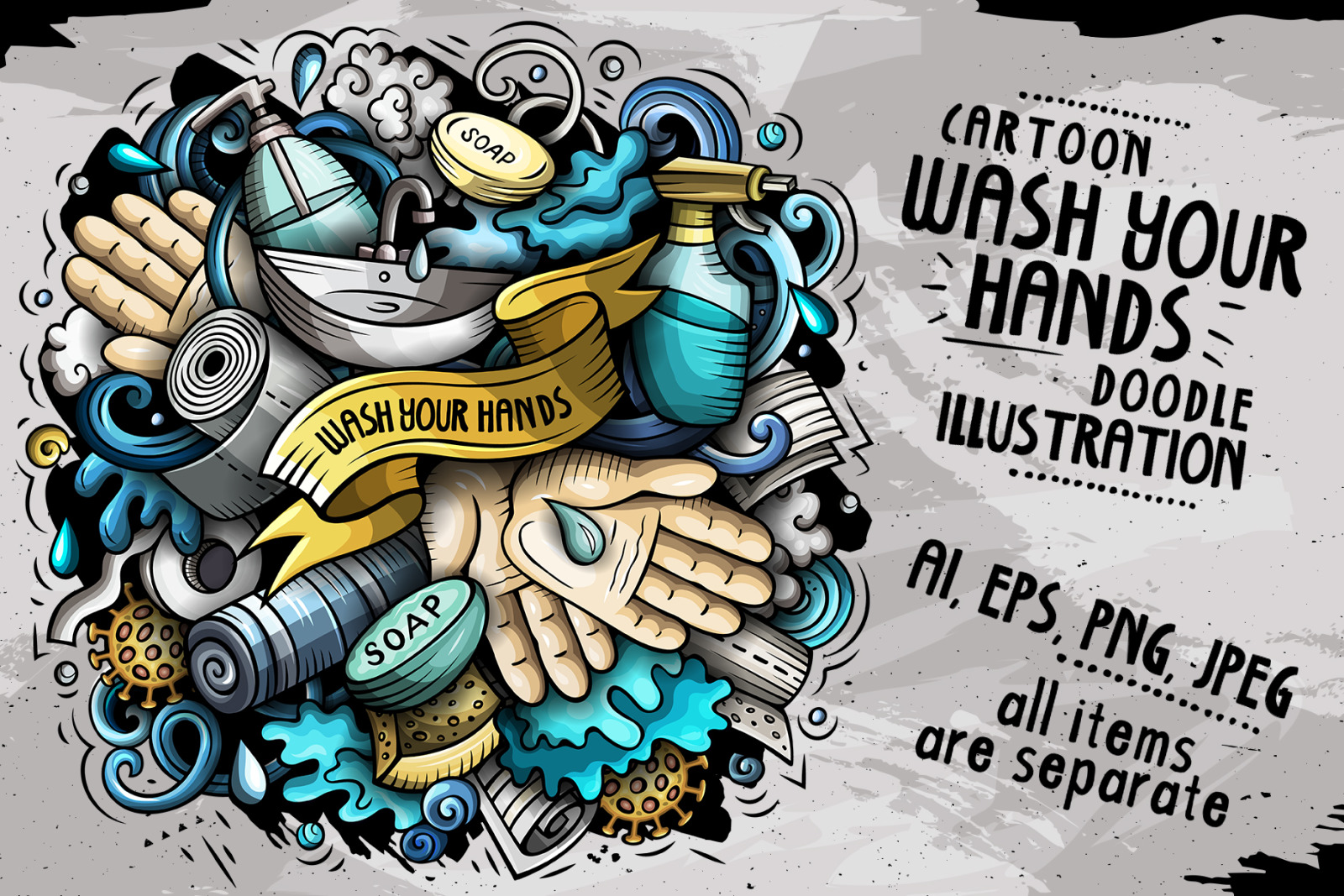 Cartoon vector doodles Wash Your Hands illustration Cartoon vector doodles Wash Your Hands illustration