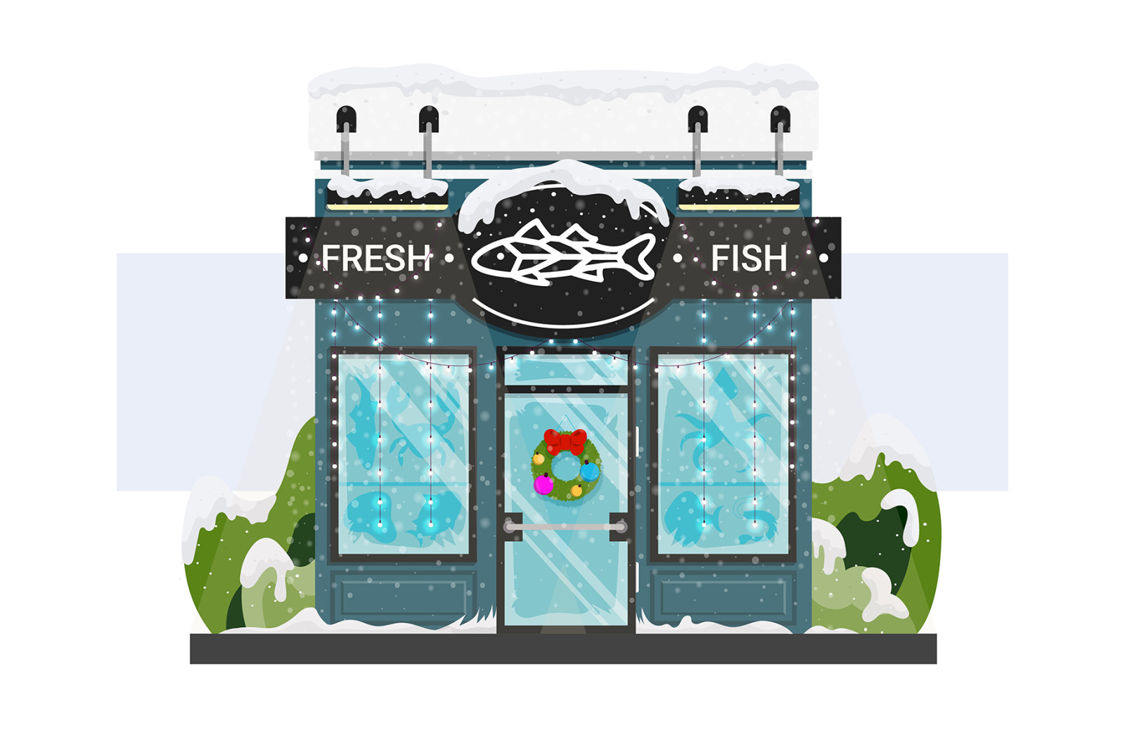 Cute small local shops storefronts at summer and with Christmas decorations Cute small local shops storefronts at summer and with Christmas decorations