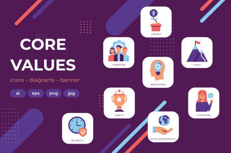 Company Core Values Landing Page Kit: Hero Image Illustration and Values Icons in one style - Clock