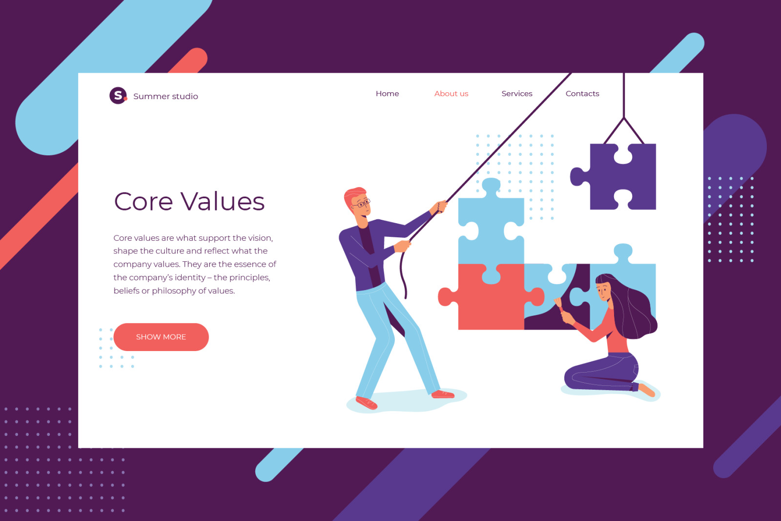 Company Core Values Landing Page Kit: Hero Image Illustration and Values Icons in one style