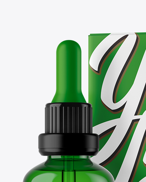 Green Glass Dropper Bottle &amp; Box Mockup