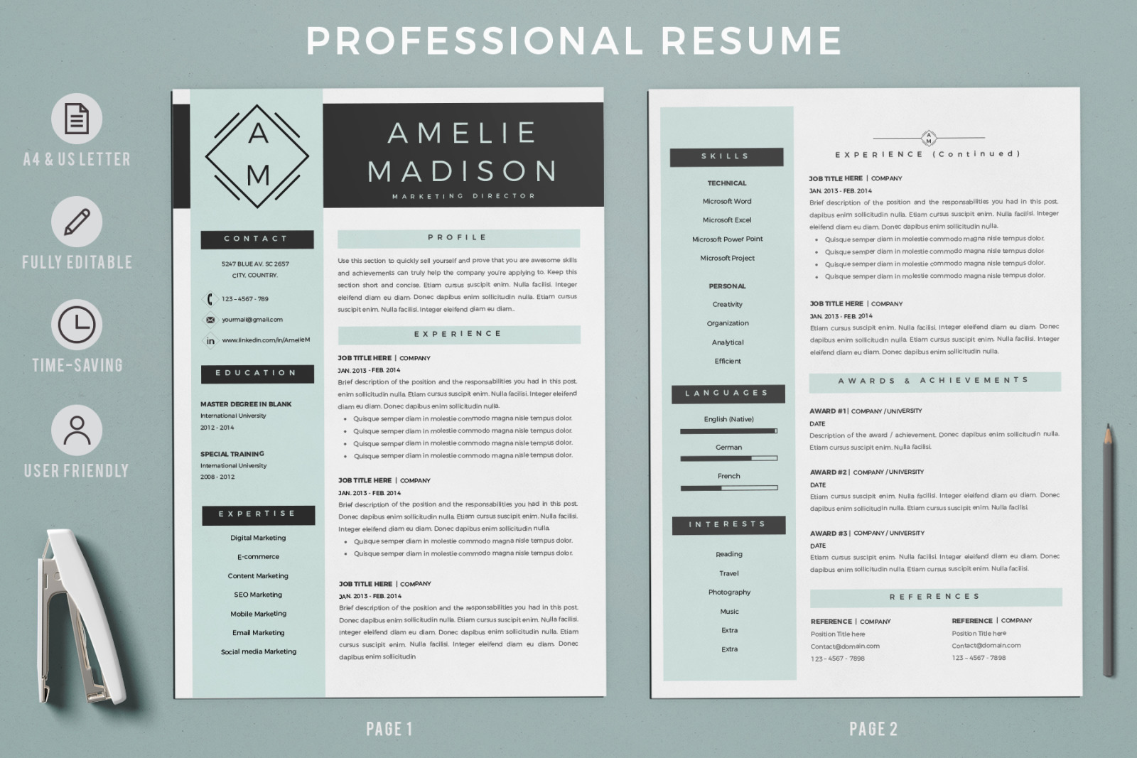 Marketing Resume Template for MS Word &amp; Pages. Resume with logo + Cover Letter format + References