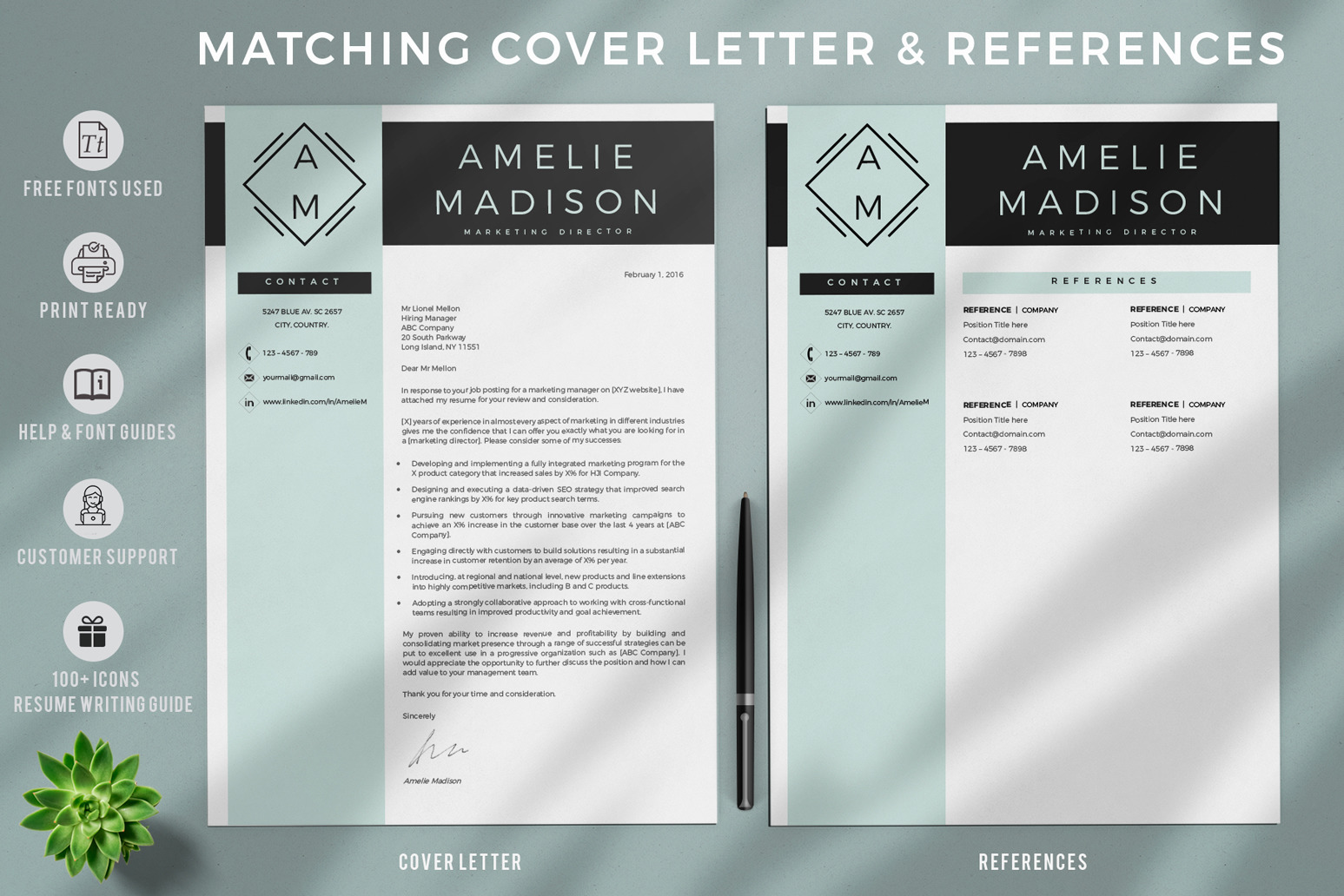 Marketing Resume Template for MS Word &amp; Pages. Resume with logo + Cover Letter format + References