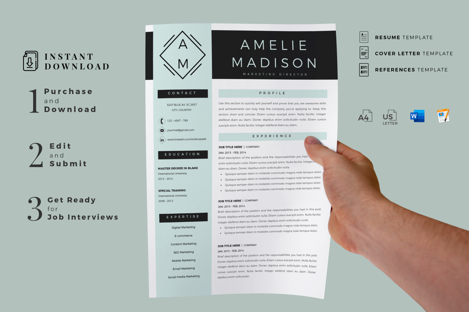 Marketing Resume Template for MS Word &amp; Pages. Resume with logo + Cover Letter format + References