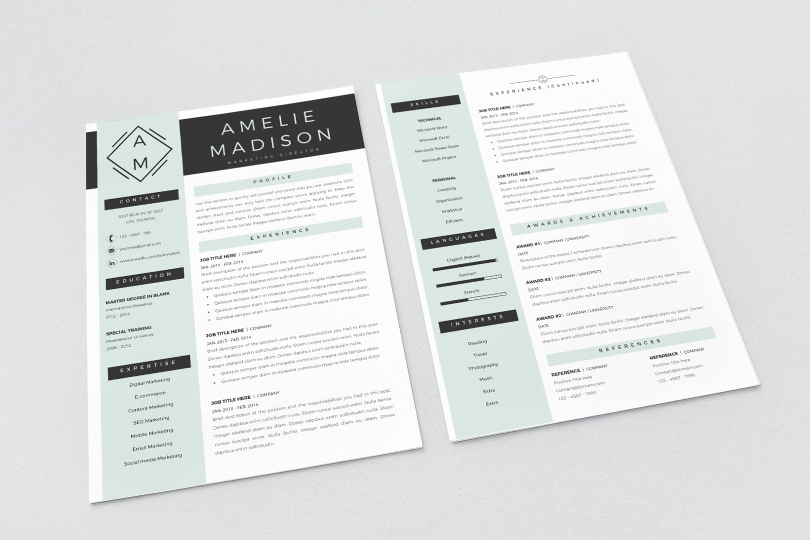 Marketing Resume Template for MS Word &amp; Pages. Resume with logo + Cover Letter format + References