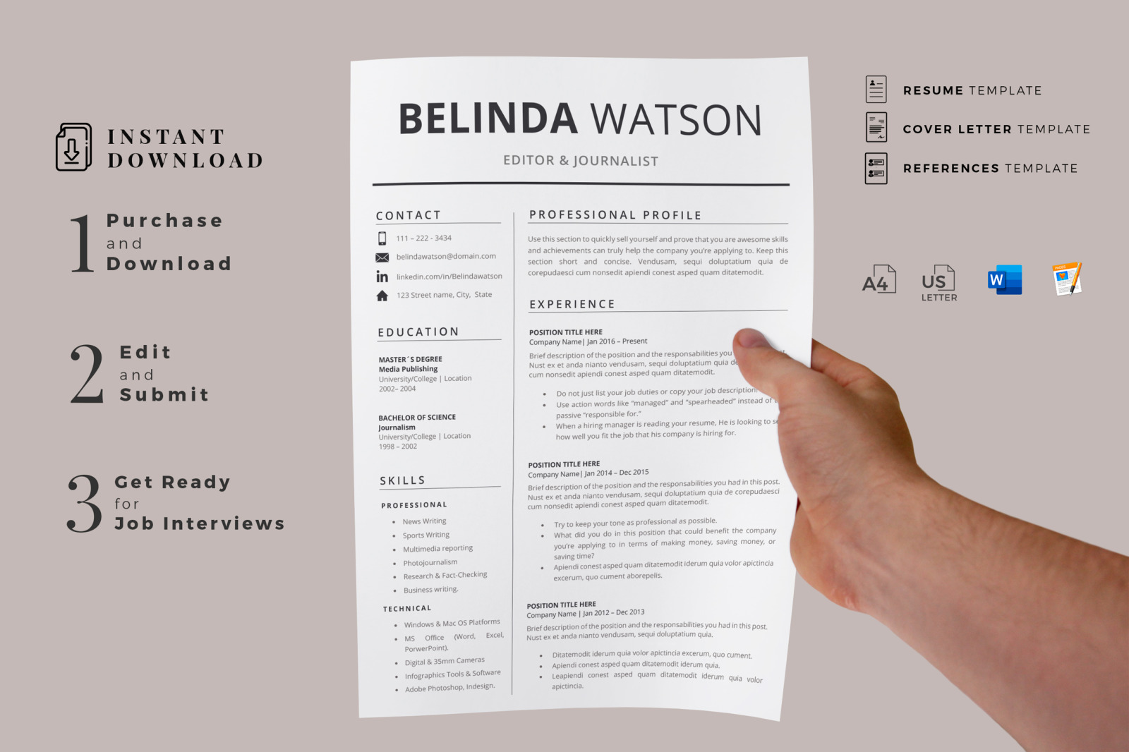 Professional and Modern Resume template. Instant download Resume Design + Cover Letter + References