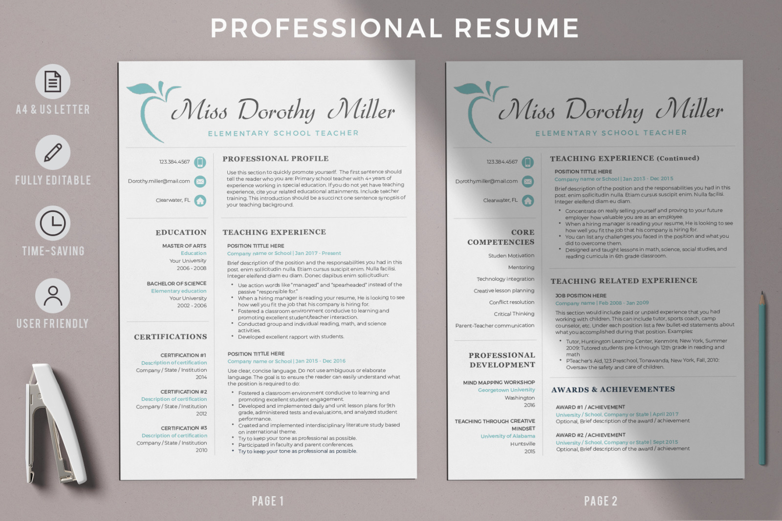 Elementary Teacher Resume CV Template for MS Word & Pages + Cover Letter + References + icons Elementary Teacher Resume CV Template for MS Word & Pages + Cover Letter + References + icons