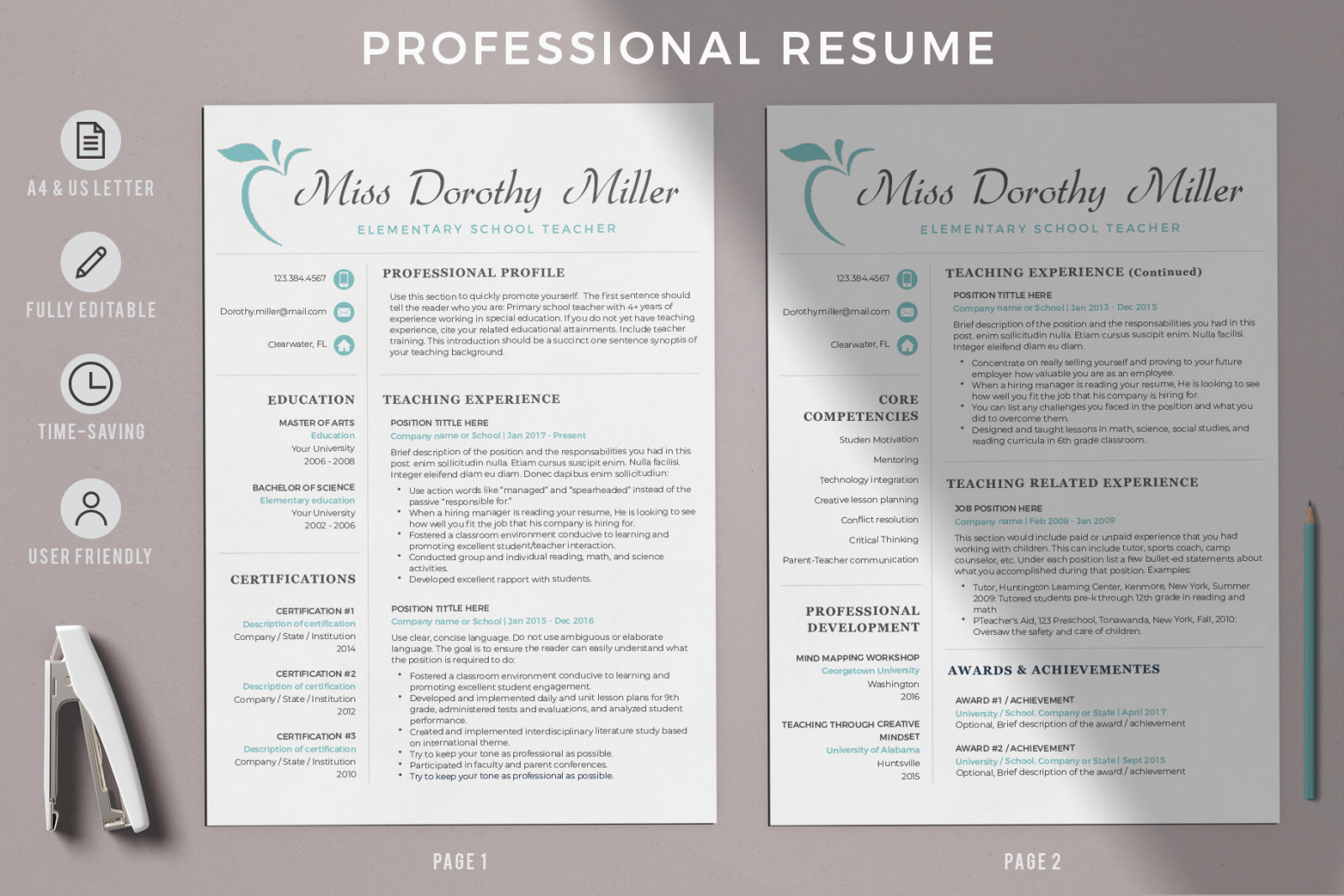 Elementary Teacher Resume CV Template for MS Word &amp; Pages + Cover Letter + References + icons