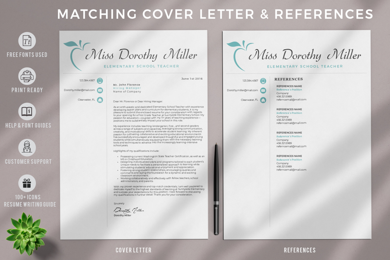 Elementary Teacher Resume CV Template for MS Word &amp; Pages + Cover Letter + References + icons