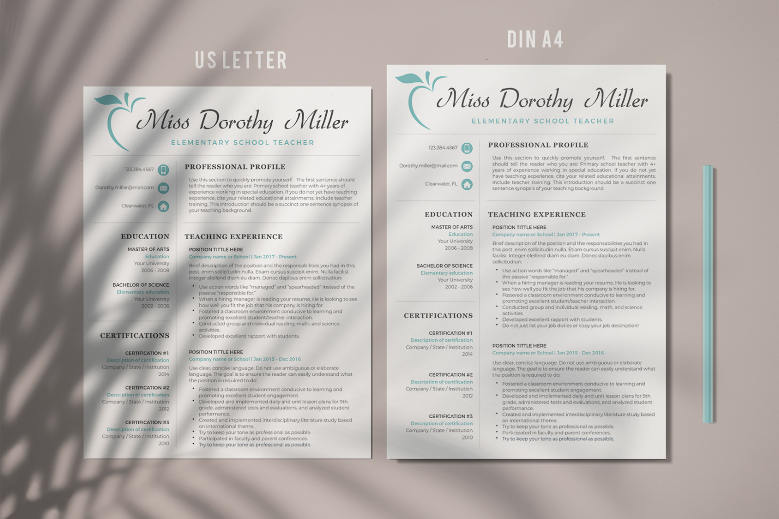 Elementary Teacher Resume CV Template for MS Word &amp; Pages + Cover Letter + References + icons