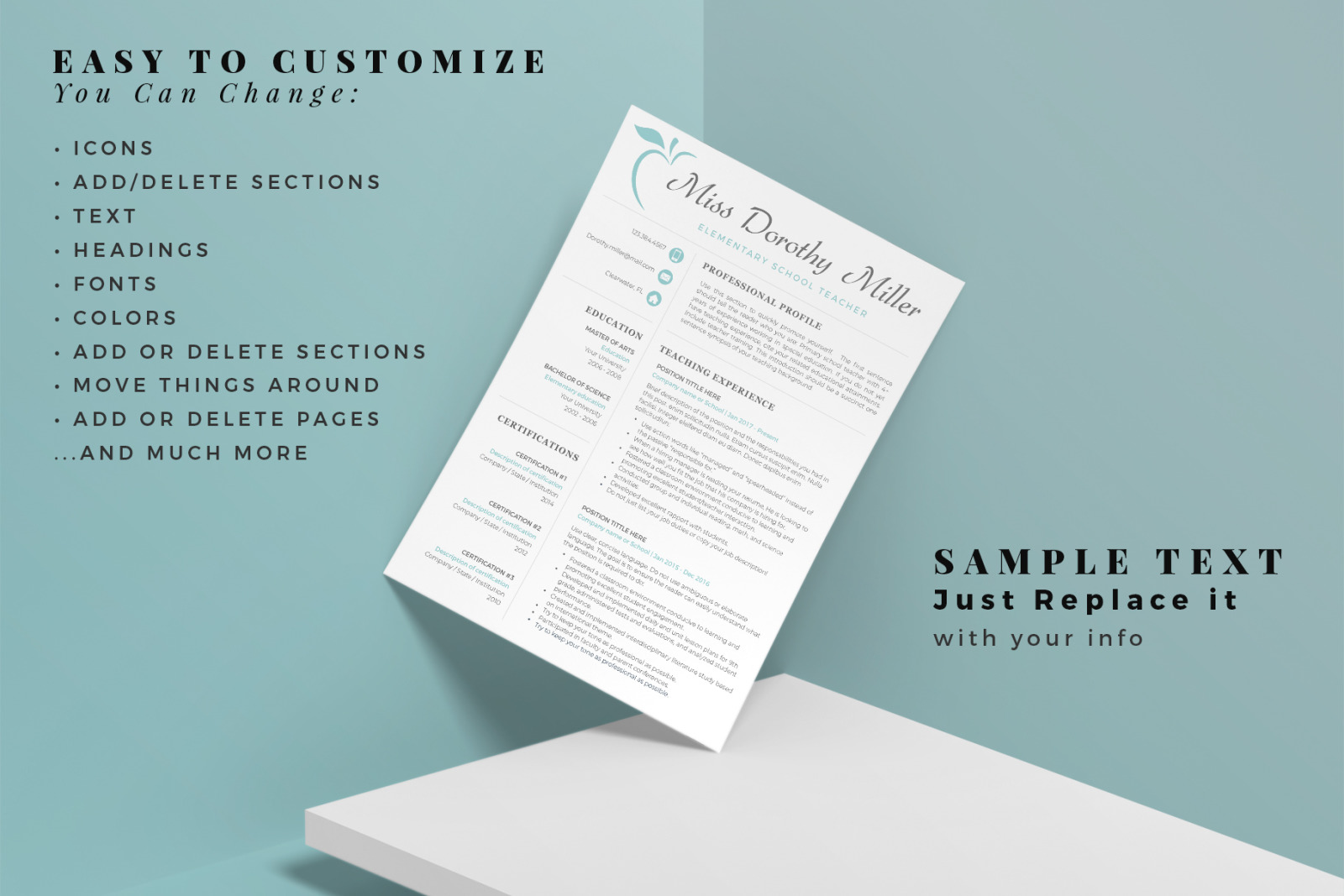 Elementary Teacher Resume CV Template for MS Word &amp; Pages + Cover Letter + References + icons