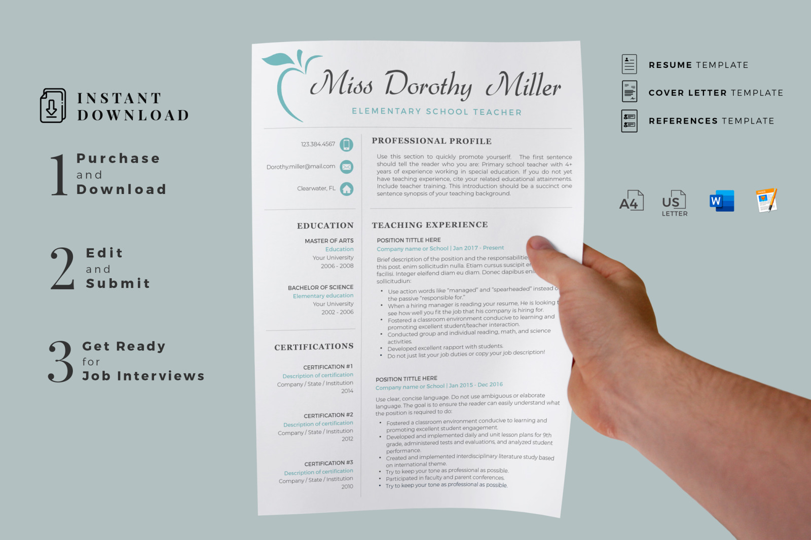 Elementary Teacher Resume CV Template for MS Word &amp; Pages + Cover Letter + References + icons