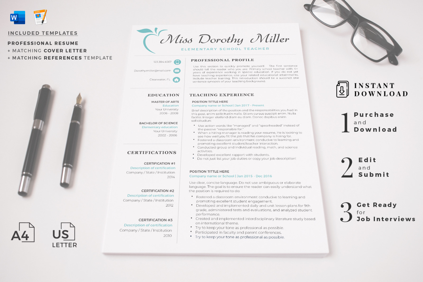 Elementary Teacher Resume CV Template for MS Word &amp; Pages + Cover Letter + References + icons