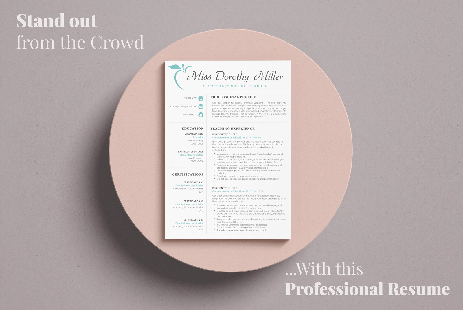 Elementary Teacher Resume CV Template for MS Word &amp; Pages + Cover Letter + References + icons