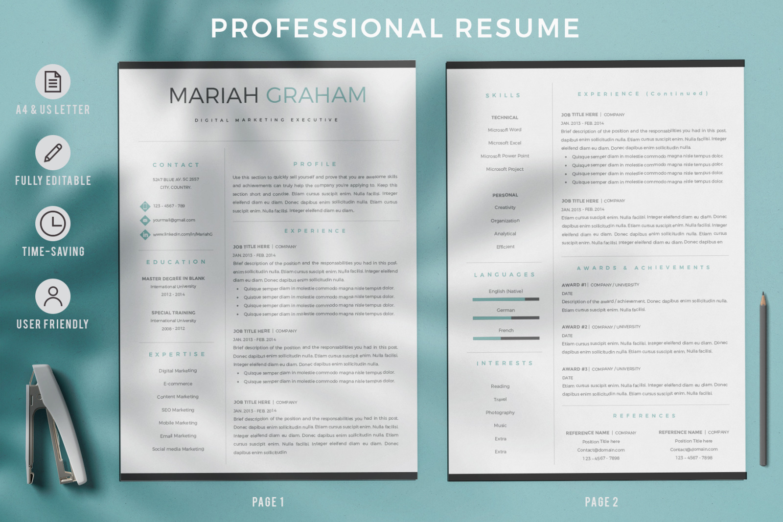 Professional &amp; Modern Resume, CV Template. Marketing Resume + Matching Cover letter and References