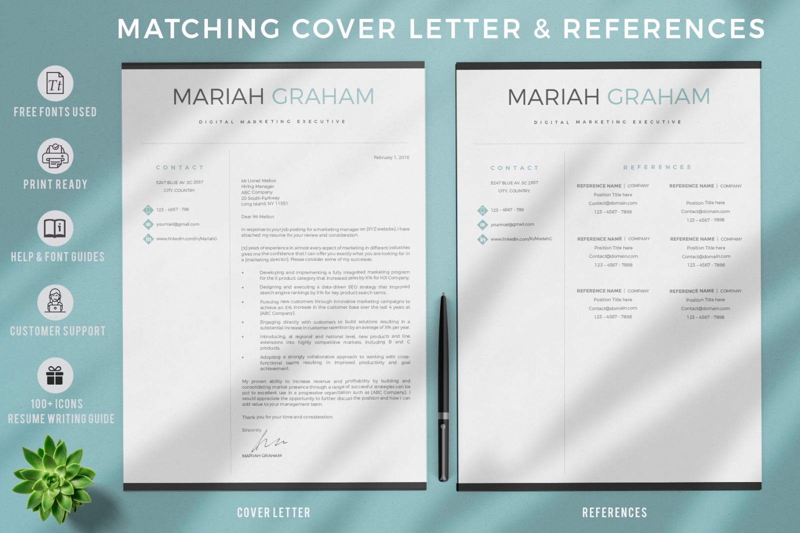 Professional &amp; Modern Resume, CV Template. Marketing Resume + Matching Cover letter and References