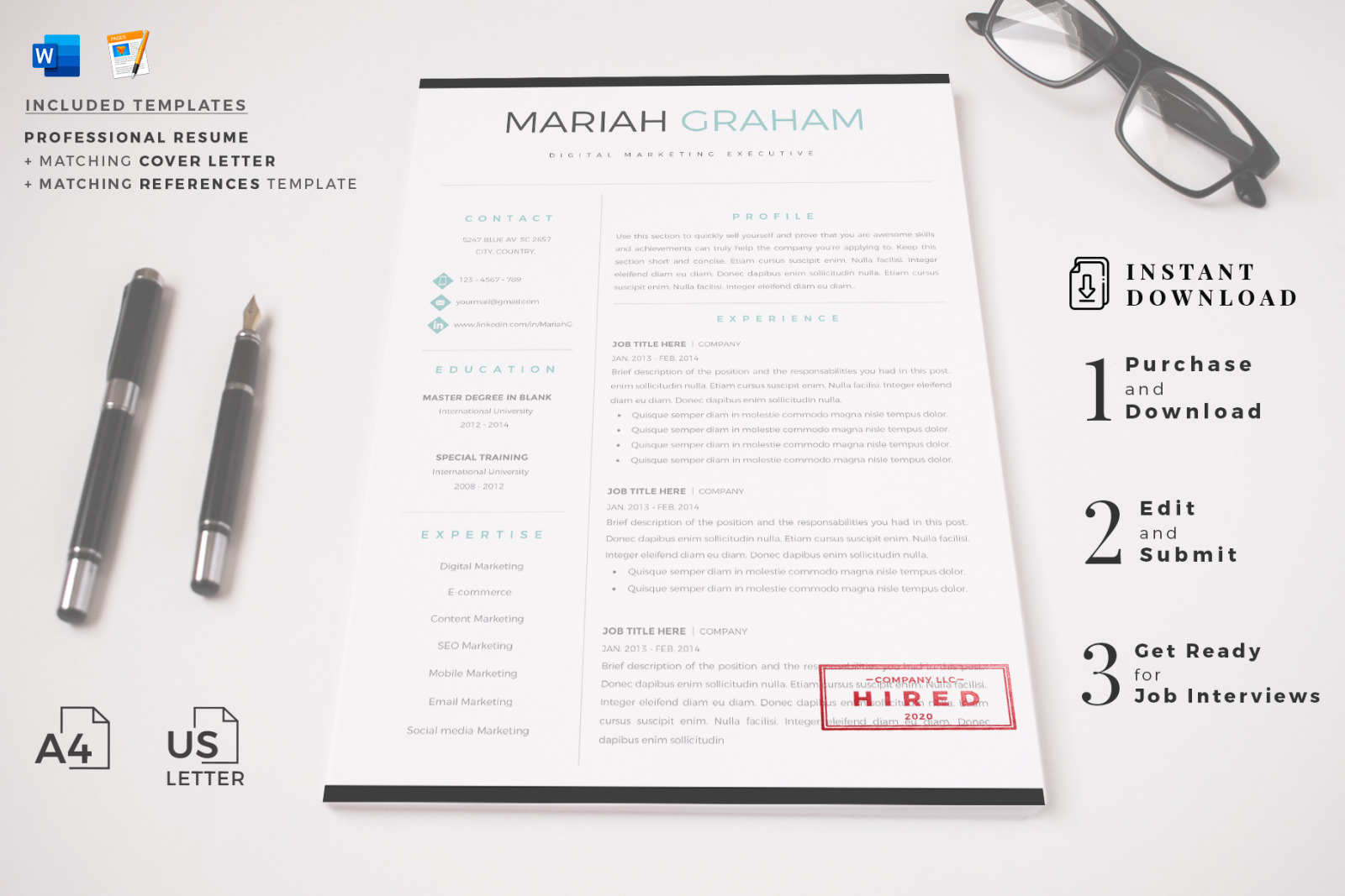 Professional & Modern Resume, CV Template. Marketing Resume + Matching Cover letter and References Professional & Modern Resume, CV Template. Marketing Resume + Matching Cover letter and References