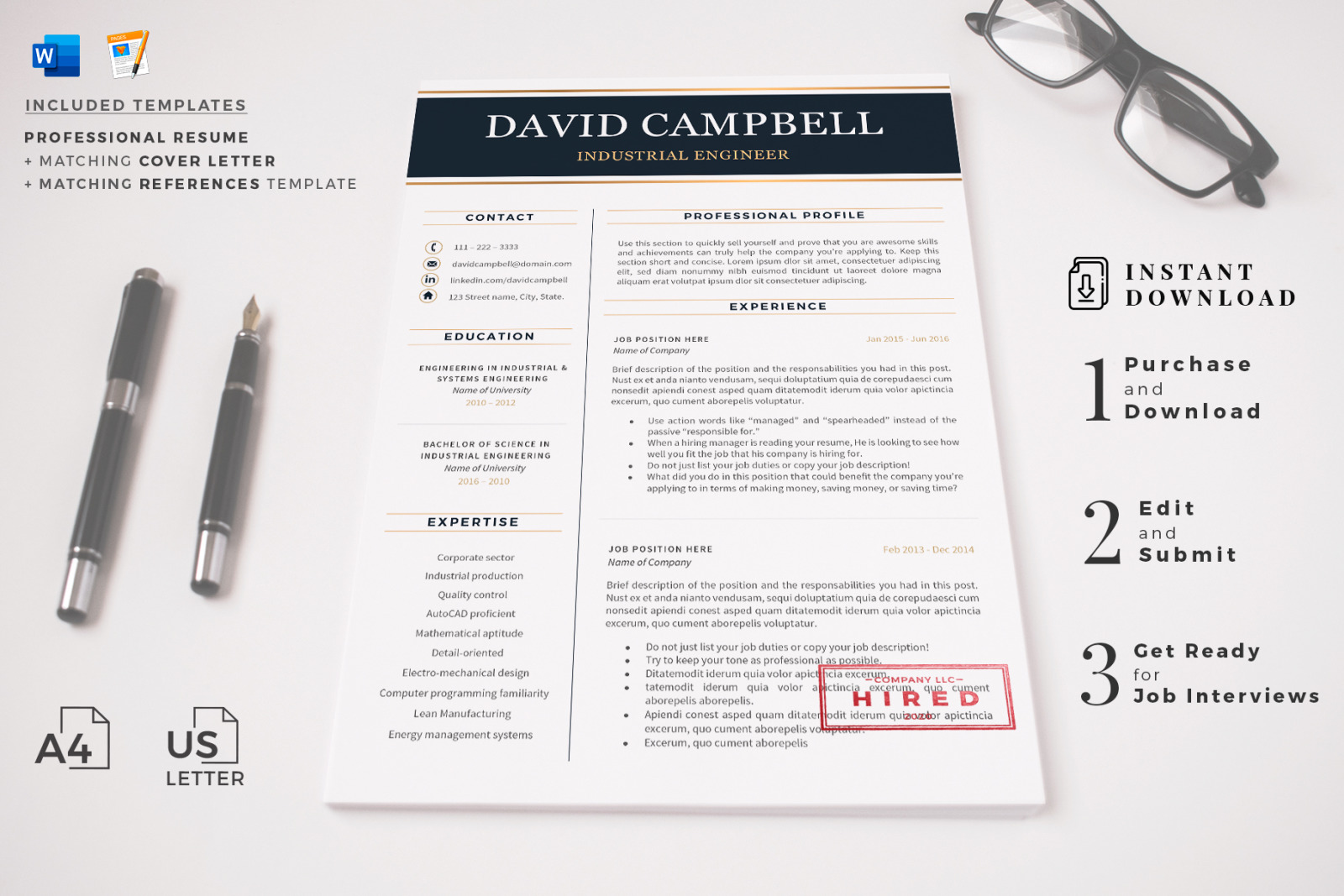 Professional Resume Template for Engineers. Engineering Resume, CV + Cover Letter + References