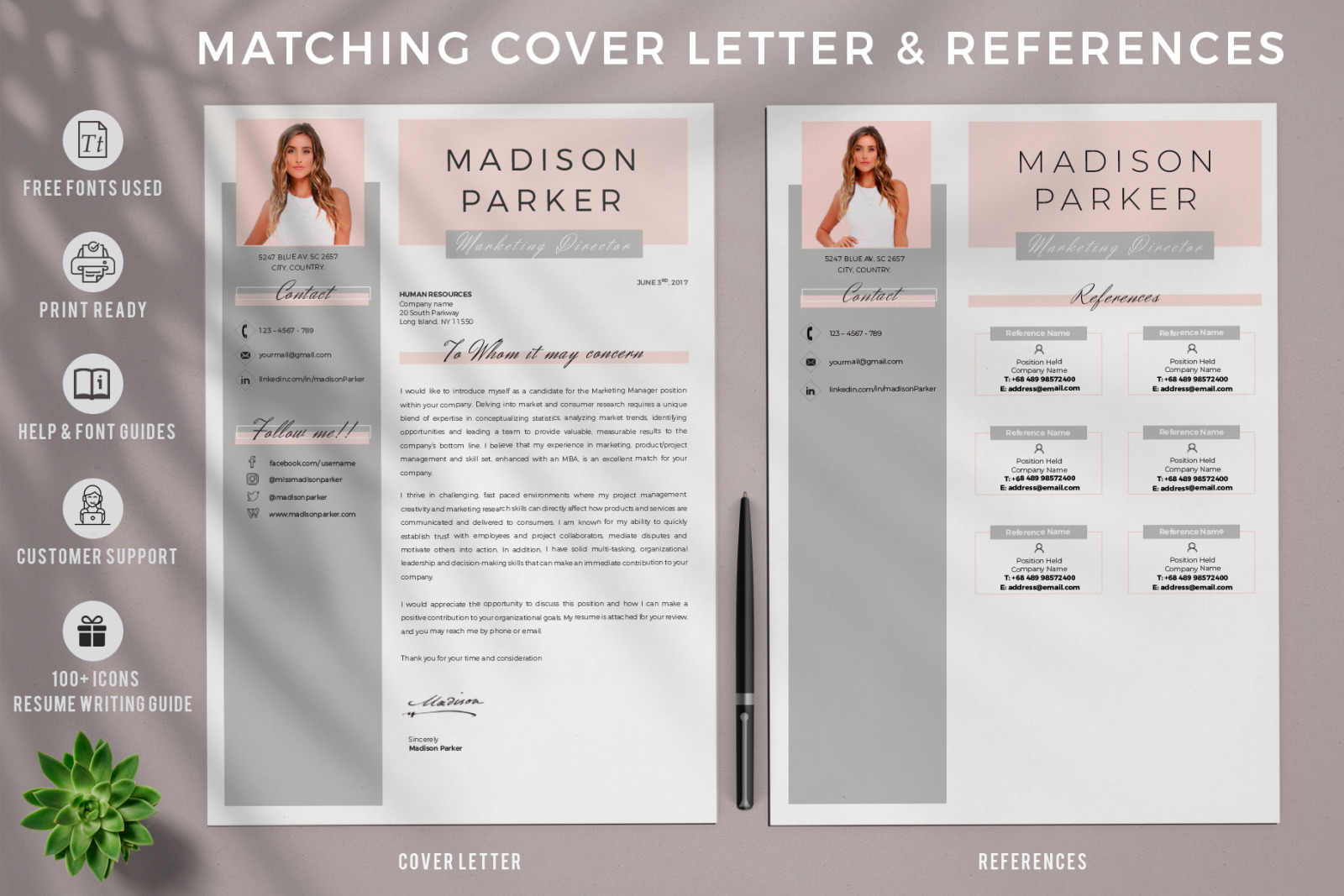 Creative Resume, CV Template for Microsoft Word &amp; Pages. Resume Design + Cover Letter + References