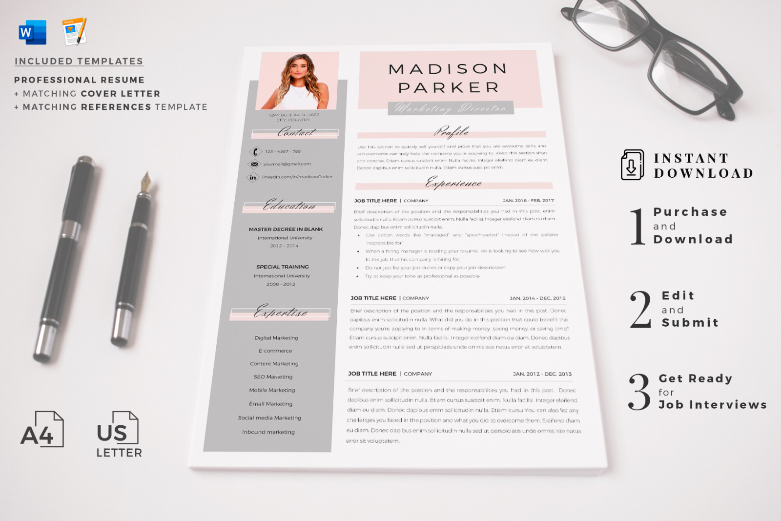 Creative Resume, CV Template for Microsoft Word &amp; Pages. Resume Design + Cover Letter + References