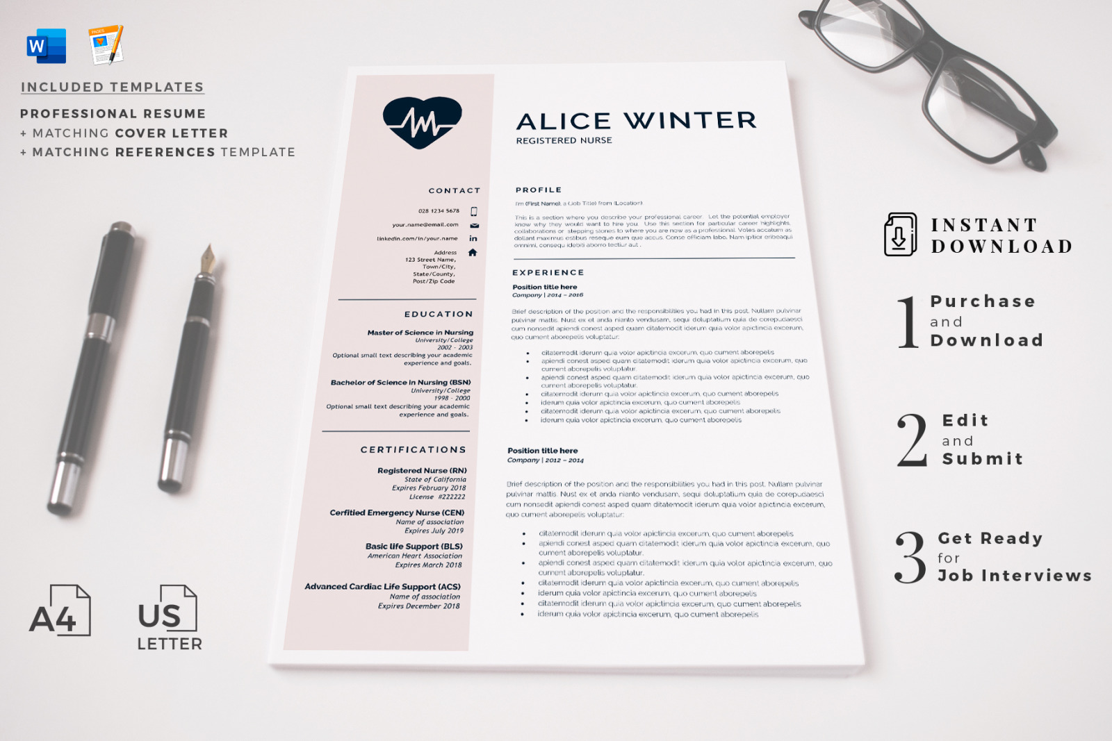 RN Nurse Resume Template. Registered Nurse Resume, Cover Letter and References. Nursing Resume CV