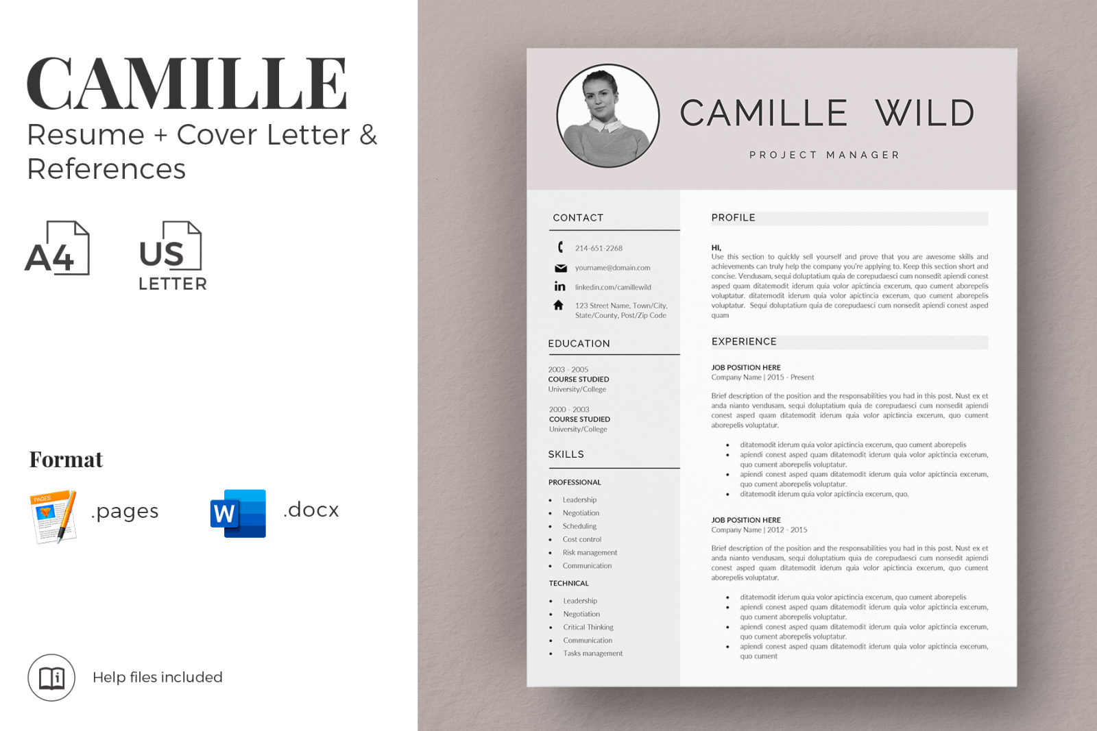 Professional CV Template for Project Manager. Instant Download Cover Letter &amp; Resume with Photo