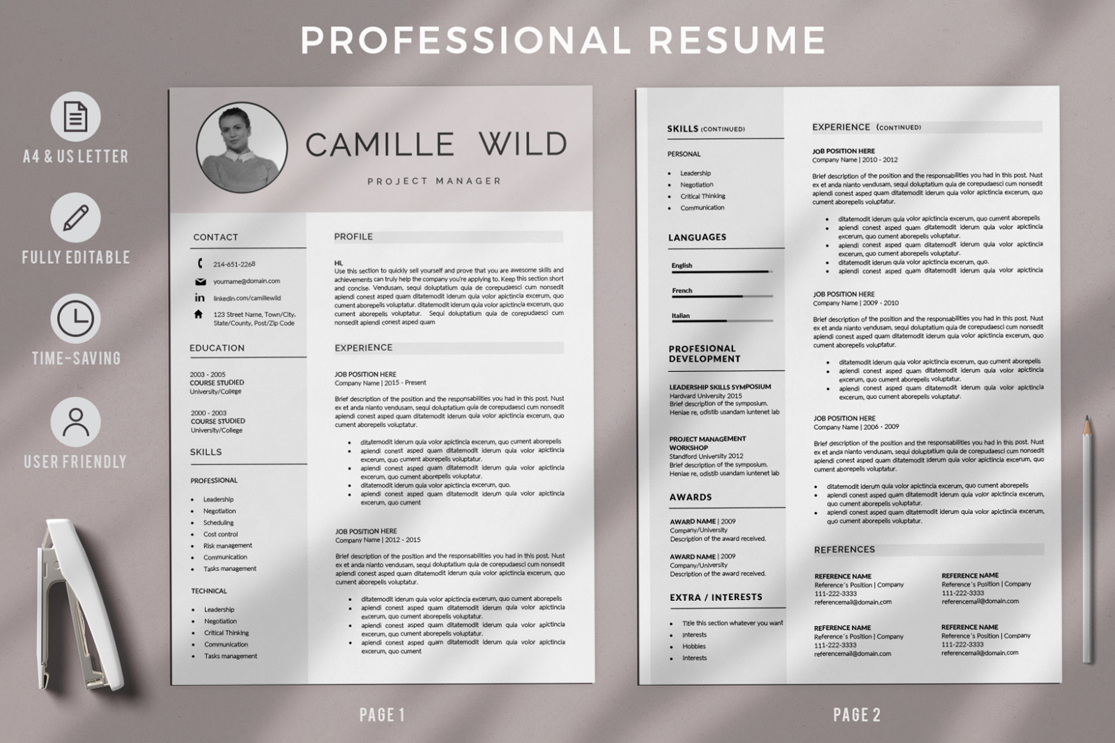 Professional CV Template for Project Manager. Instant Download Cover Letter &amp; Resume with Photo