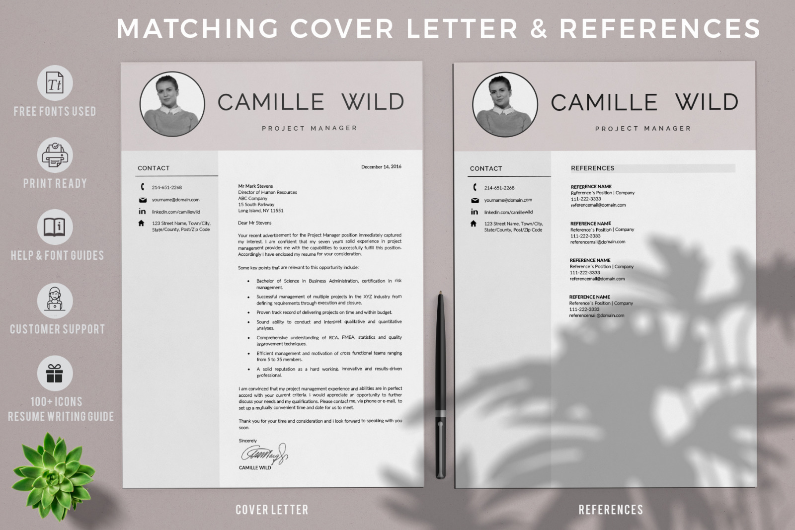 Professional CV Template for Project Manager. Instant Download Cover Letter &amp; Resume with Photo